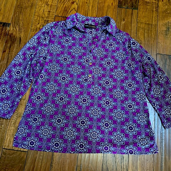 Dana Buchman Women’s Blouse Size Large Purple Black and White‎ 3/4 sleeves - Picture 1 of 3